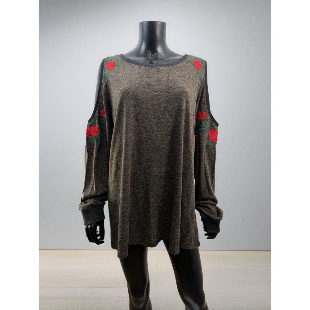 Michael Kors Cold Shoulder Embroidered Rose‎ Knit Top Size L NWT